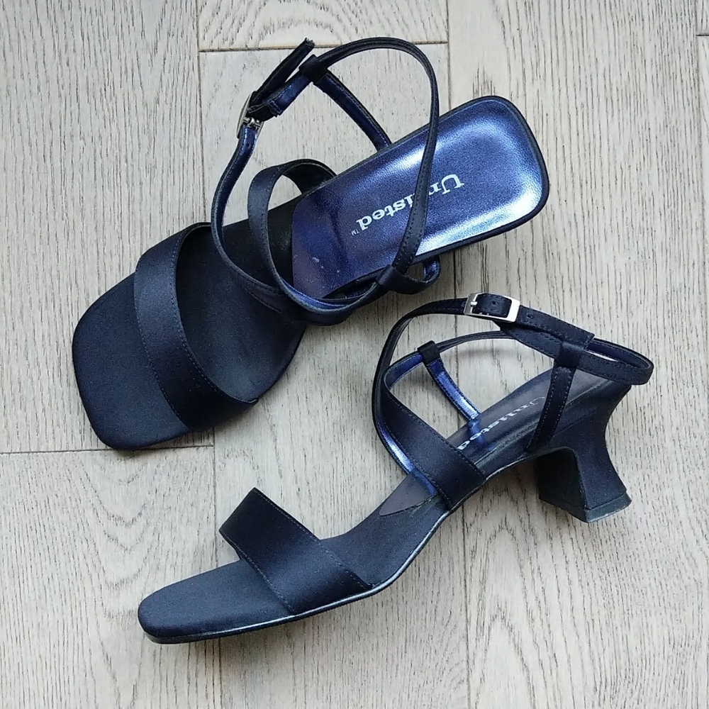 Unlisted Navy Blue Satin Special Occasion Square Toe Strappy Sandals